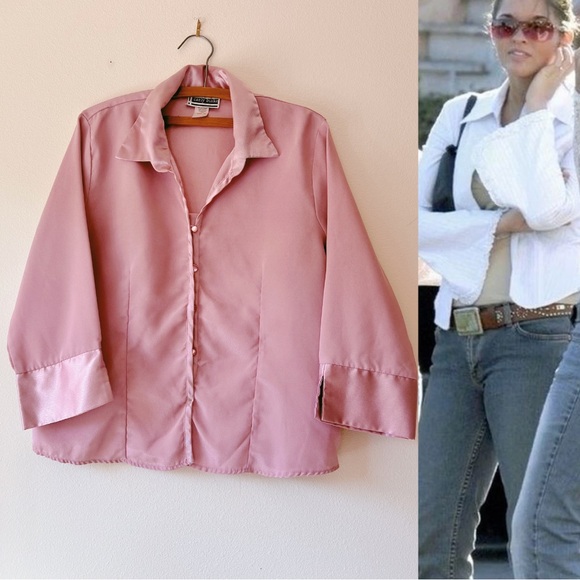 Vintage 90’s sheen 3/4 quarter sleeve blush pink button‎ up shirt size 18 - Picture 1 of 8